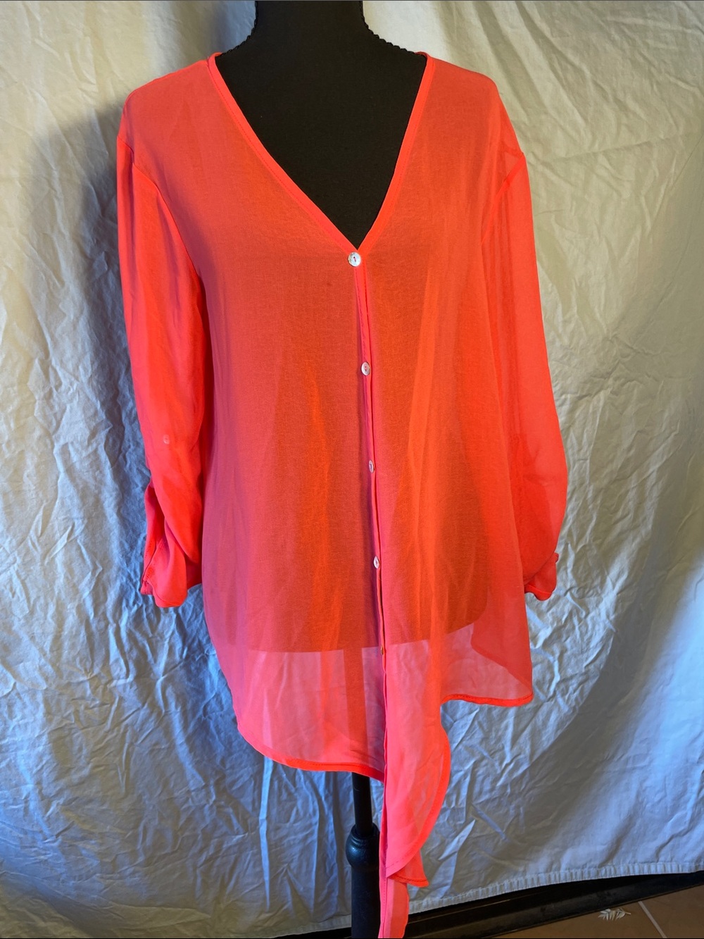 West Kei Sheer Button-Front V-Neck Top in Coral
